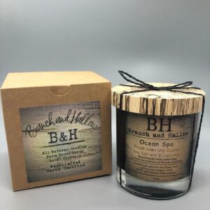 Branch and Hallow Candle with wooden lid from Branch and Hallow estate with recycled cardboard box