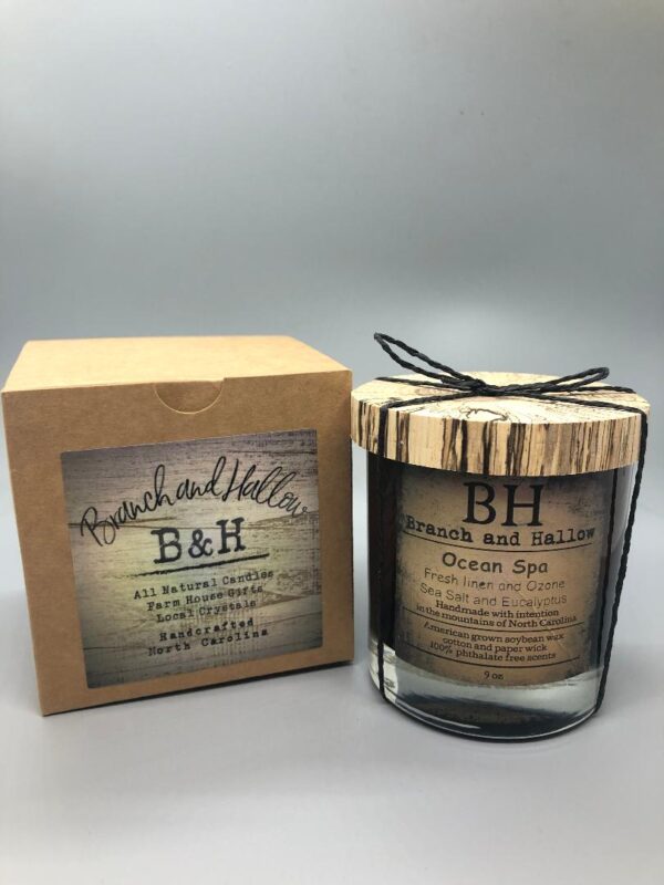 Branch and Hallow Candle with wooden lid from Branch and Hallow estate with recycled cardboard box